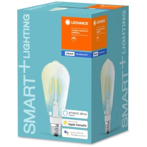 Lampadina LED Ledvance Smart+ Bluetooth Edison Filament E27, bianco caldo, 60W, nella confezione del prodotto.