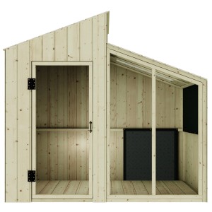 Vue détaillée de la cabane PolarPlay Voie Lactée en bois naturel avec porte et fenêtre.