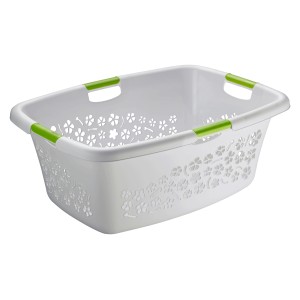 Cesto portabiancheria Rotho Flowers grigio, 50 l, con decoro floreale e manici verdi.