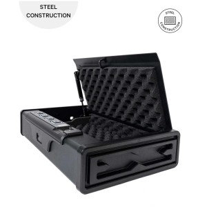 Coffre-fort noir ouvert Paladin Fingerprint Safe MK2 avec rembourrage en mousse.