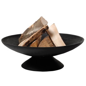 Schwarze Feuerschale aus Gusseisen (L) mit Holzscheiten für gemütliche Gartenabende.