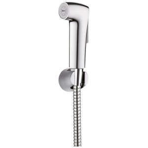 Set doccetta bidet Watersaving Wenko con doccetta, tubo in acciaio inox e supporto a parete.