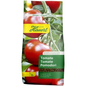 Paquet d'engrais pour tomates Hauert 1 kg pour une croissance forte et des fruits aromatiques.