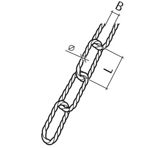 Technische Zeichnung einer schwarzen, gedrehten Conacord Zierkette aus Stahl, Details zu Durchmesser und Länge.
