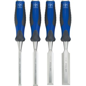 Jeu de ciseaux à bois LUX-TOOLS Comfort, 4 pièces, avec manches bleu-gris et différentes tailles.
