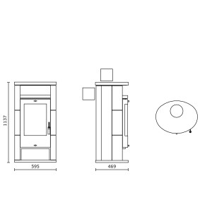 Dessin technique du poêle à bois Alicante en stéatite avec dimensions pour la planification et la construction.