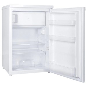 Weißer Kibernetik Standkühlschrank KSG118 mit offener Tür, sichtbarem Gefrierfach, Regalen und Türfächern.