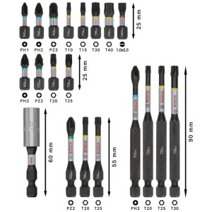 Set di inserti Bosch Professional PRO Impact, 20 pezzi, vari inserti per avvitatori e supporto.