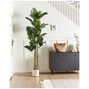 Pianta artificiale Monstera Beliani verde, alta 221 cm, in vaso bianco. Pianta decorativa da interno.