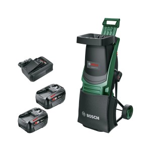 Broyeur sans fil Bosch UniversalShredder avec batteries et chargeur. Broyeur électrique vert et noir.