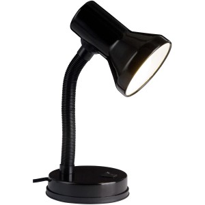 Lampada da tavolo nera in metallo e plastica con braccio flessibile, ideale come lampada da scrivania.