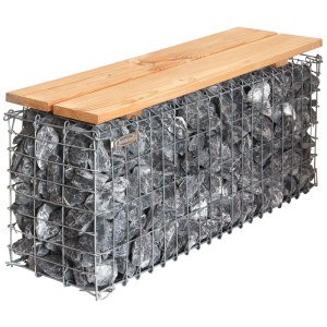 Banc de jardin en gabion 100x46x30 cm avec plateau en bois et remplissage en pierres dans un panier en fil de fer.