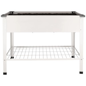 Carré potager surélevé en métal blanc taille L avec étagère, rempli de terre.