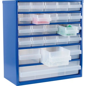 Meuble de rangement en acier bleu LUX-TOOLS avec tiroirs transparents en plastique pour petites pièces. Pour atelier.