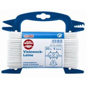 Corde PES blanche, 4 mm x 20 m, sur bobine bleue. Corde multi-usage tressée et stabilisée UV.
