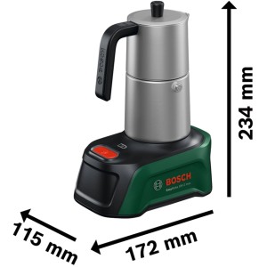Macchina da caffè a batteria Bosch EasyMoka 18V-2 Inox Solo, dispositivo a batteria con caraffa in acciaio inox e dimensioni di 234 x 115 x 172 mm.