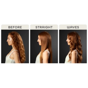 Avant/après avec le fer à vapeur Trisa : des cheveux frisés aux cheveux lisses et ondulés.