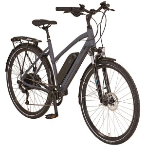 E-bike da trekking Prophete Alu Entdecker 20.EST.10 da donna 28 pollici grigia con portapacchi e telaio ribassato.