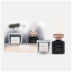 Ipuro Geschenkset Time to Party: schwarzer Raumduft-Diffusor mit rosegoldener Kappe und Duftkerze im Glas. Ideal als Geschenk.