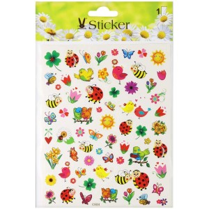 Stickerbogen mit Frühlingsmotiven: Marienkäfer, Blumen, Schmetterlinge, Bienen, Sonne, Kleeblatt.