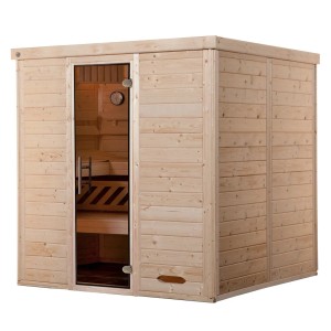 Sauna en bois massif Weka Kemi 4 avec porte en verre, épicéa naturel, vue intérieure avec bancs.