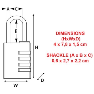 Technische Zeichnung: Master Lock Zahlen-Vorhängeschloss, 4-stellig, Aluminium, Schwarz, 40 mm, mit Maßangaben.