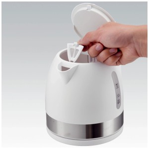 Weiß-silberner Rotel Wasserkocher mit Kalkfilter und Füllstandsanzeige.