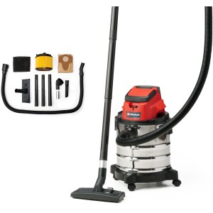 Einhell Power X-Change aspirateur eau et poussière sans fil TC-VC 18/20 Li Solo avec accessoires. Réservoir en acier inoxydable, corps rouge et noir.