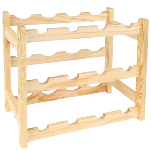 Weinregal aus hellem Holz für 12 Flaschen, ideal zur Lagerung im Keller oder Wohnbereich.