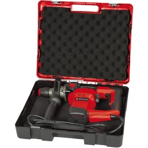 Marteau perforateur Einhell TC-RH 28 3F dans sa mallette. Perforateur rouge avec poignée supplémentaire.