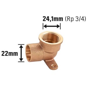 Raccordo a gomito di transizione a saldare in bronzo rosso, 22 mm x 24,1 mm (Rp 3/4) con rosetta a muro per installazioni di tubi in rame.