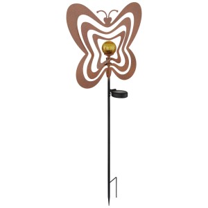 Globo Piquet solaire LED papillon, métal rouille avec globe en verre, 83 cm de haut.