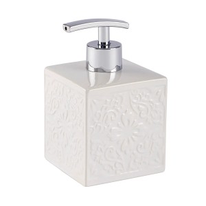 Dispenser sapone Cordoba in ceramica bianca con decoro e dosatore argento, 500 ml.