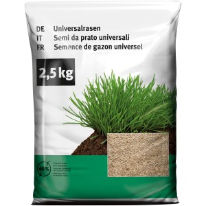 Emballage gazon universel 2,5 kg avec graines et touffes d'herbe. Idéal pour gazons résistants.