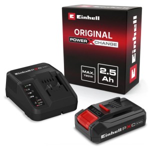 Kit de démarrage Einhell Power-X-Change: batterie noire 18V 2,5 Ah, chargeur et emballage pour outils électriques.