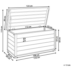 Schéma du coffre de rangement Beliani Campalto, gris foncé, avec dimensions. Idéal pour jardin, patio ou balcon.