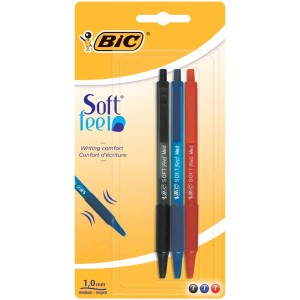 Lot de 3 stylos à bille BIC avec grip souple noir, bleu et rouge.