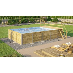 Piscine rectangulaire en bois Weka avec terrasse et motif mosaïque bleu, entourée d'un jardin verdoyant.