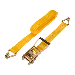 Sangle d'arrimage jaune Conacord avec cliquet et deux crochets pointus, longueur 8 m.