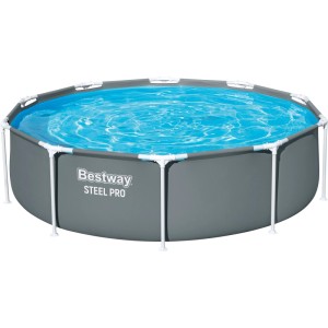 Piscine hors sol Bestway Steel Pro, grise, Ø 305 cm. Piscine familiale avec structure en acier et eau bleue.