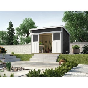 Casetta da giardino Weka 225 antracite con porta scorrevole e attrezzi da giardino.
