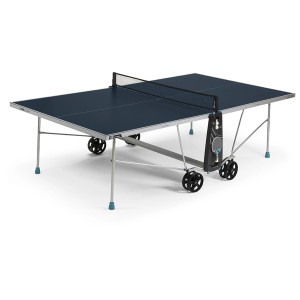 Tavolo da ping pong blu per esterni 100X Crossover con rete, ruote e porta racchette.
