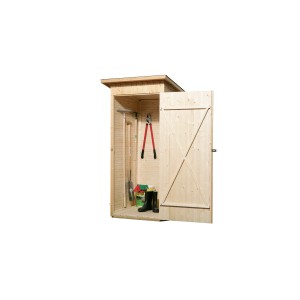 Armoire ouverte Weka pour balcon et terrasse avec toit monopente et outils de jardin.