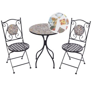 Ensemble bistro Carpino : table et 2 chaises en métal noir avec motif mosaïque pour balcon/jardin.