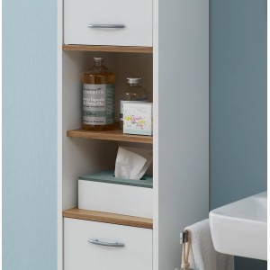 Armoire haute de salle de bain Pelipal Sina, blanc/chêne, 33 cm de large. Meuble de rangement avec étagères.