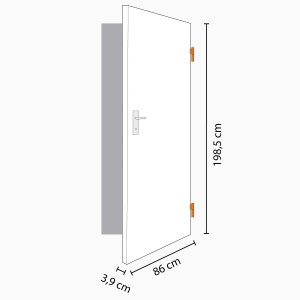 Porta interna bianca (86x198.5cm) con battuta a destra, superficie CPL, vista dettagliata delle dimensioni.