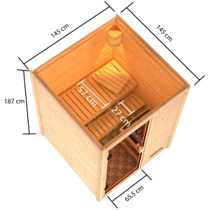 Sauna Woodfeeling Sandra con porta in vetro, stufa da 9kW e dimensioni. Sauna in legno massello con panche e controllo esterno.