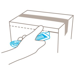 Illustrazione: Mano taglia cartone con il coltello di sicurezza blu Martor Secunorm 300.