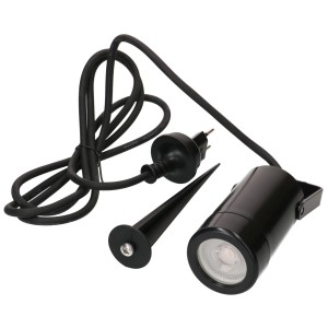 Faretto da giardino Max Hauri Neptuno, in plastica nera, con picchetto e cavo per la distribuzione elettrica esterna.