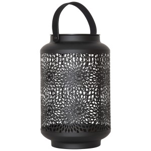 Lanterne solaire LED Mandala noire avec motif, hauteur 30 cm, pour éclairage extérieur d'ambiance.